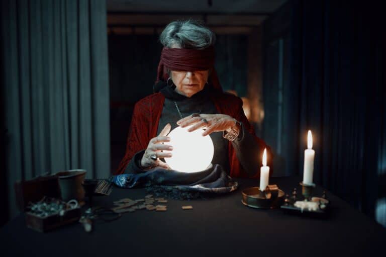 Blindfolded fortune teller using glowing crystal ball for future reading