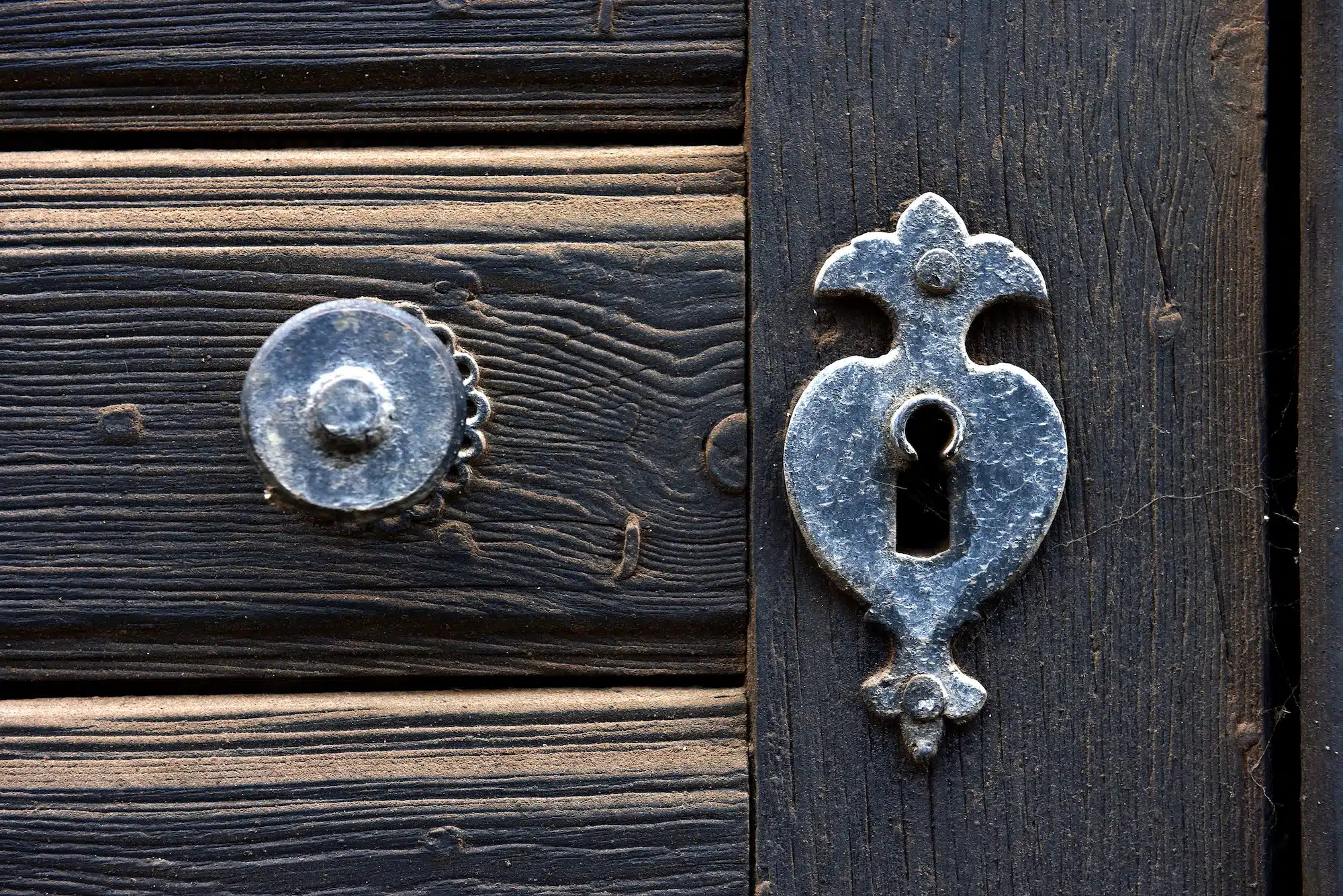Vintage door mounting and keyhole of wooden antique door