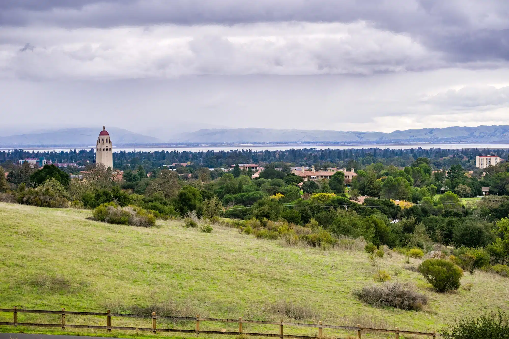 View towards Stanford University and San Francisco bay, Palo Alto, California